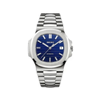 Nautilus (Royal Blue) Seiko NH35 automatic mod watch. A blue dial watch with a silver bezel and metal link bracelet shown in a full product shot.
