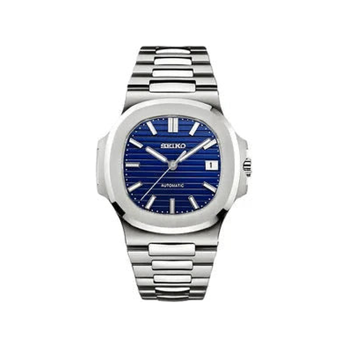 Nautilus (Royal Blue) Seiko NH35 automatic mod watch. A blue dial watch with a silver bezel and metal link bracelet shown in a full product shot.
