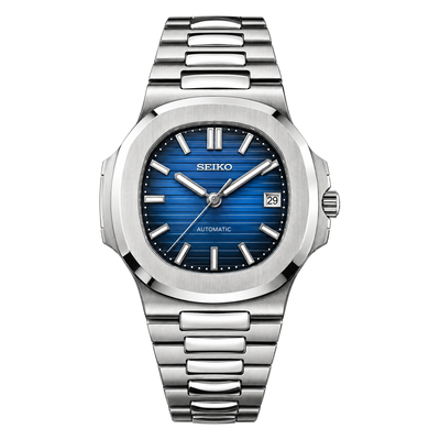 Nautilus (Royal Blue) Seiko NH35 automatic mod watch. A blue dial watch with a silver bezel and metal link bracelet shown in a full product shot.