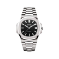 Nautilus (Silver Black) Seiko NH35 automatic mod watch. A black dial watch with a silver bezel and a silver metal bracelet shown in a full product shot.