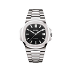 Nautilus (Silver Black) Seiko NH35 automatic mod watch. A black dial watch with a silver bezel and a silver metal bracelet shown in a full product shot.