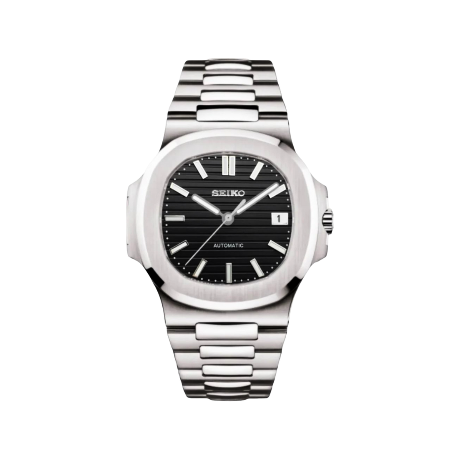 Nautilus (Silver Black) Seiko NH35 automatic mod watch. A black dial watch with a silver bezel and a silver metal bracelet shown in a full product shot.