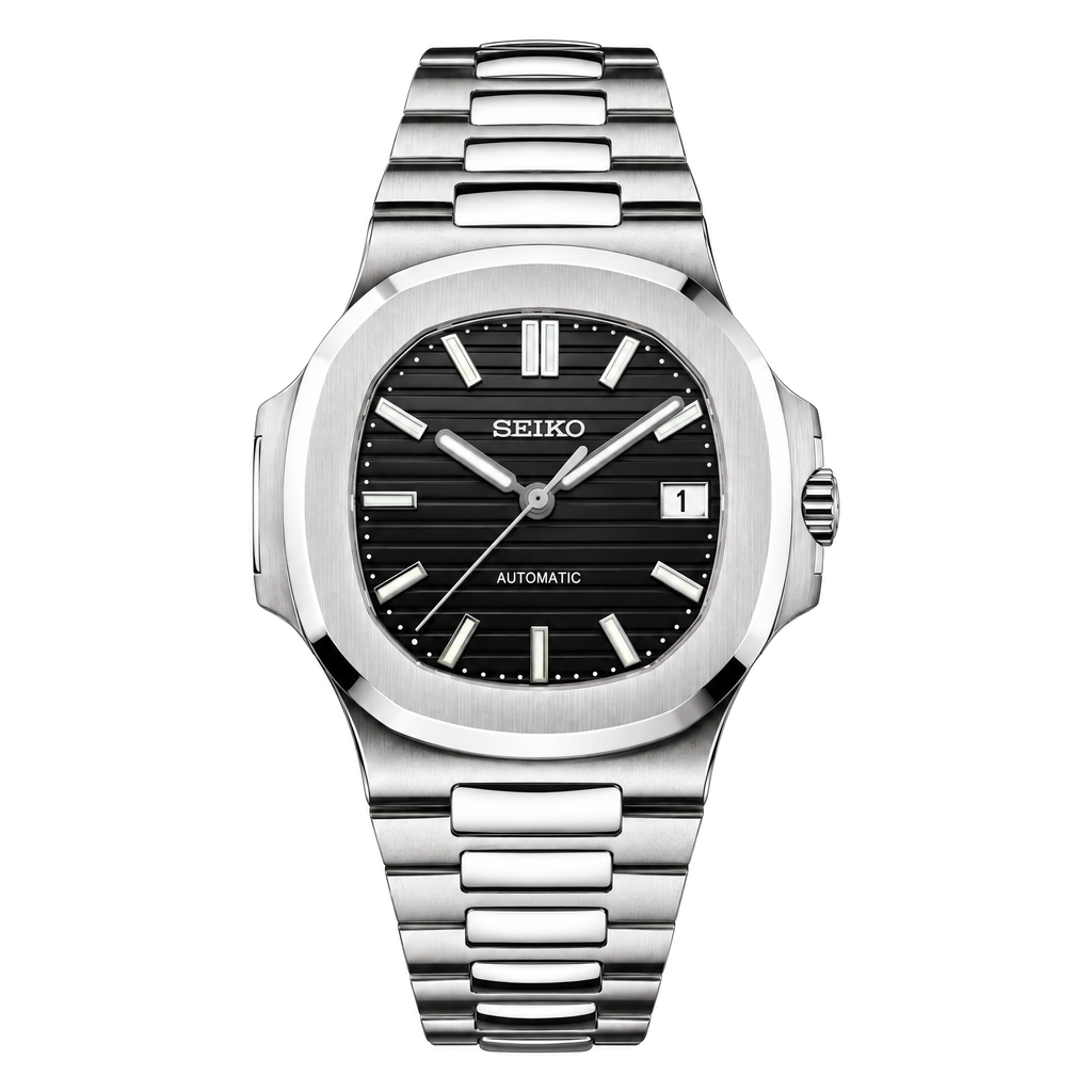Nautilus (Silver Black) Seiko NH35 automatic mod watch. A black dial watch with a silver bezel and a silver metal bracelet shown in a full product shot.