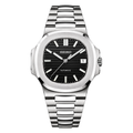Nautilus (Silver Black) Seiko NH35 automatic mod watch. A black dial watch with a silver bezel and a silver metal bracelet shown in a full product shot.