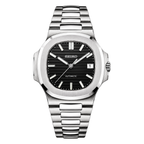Nautilus (Silver Black) Seiko NH35 automatic mod watch. A black dial watch with a silver bezel and a silver metal bracelet shown in a full product shot.