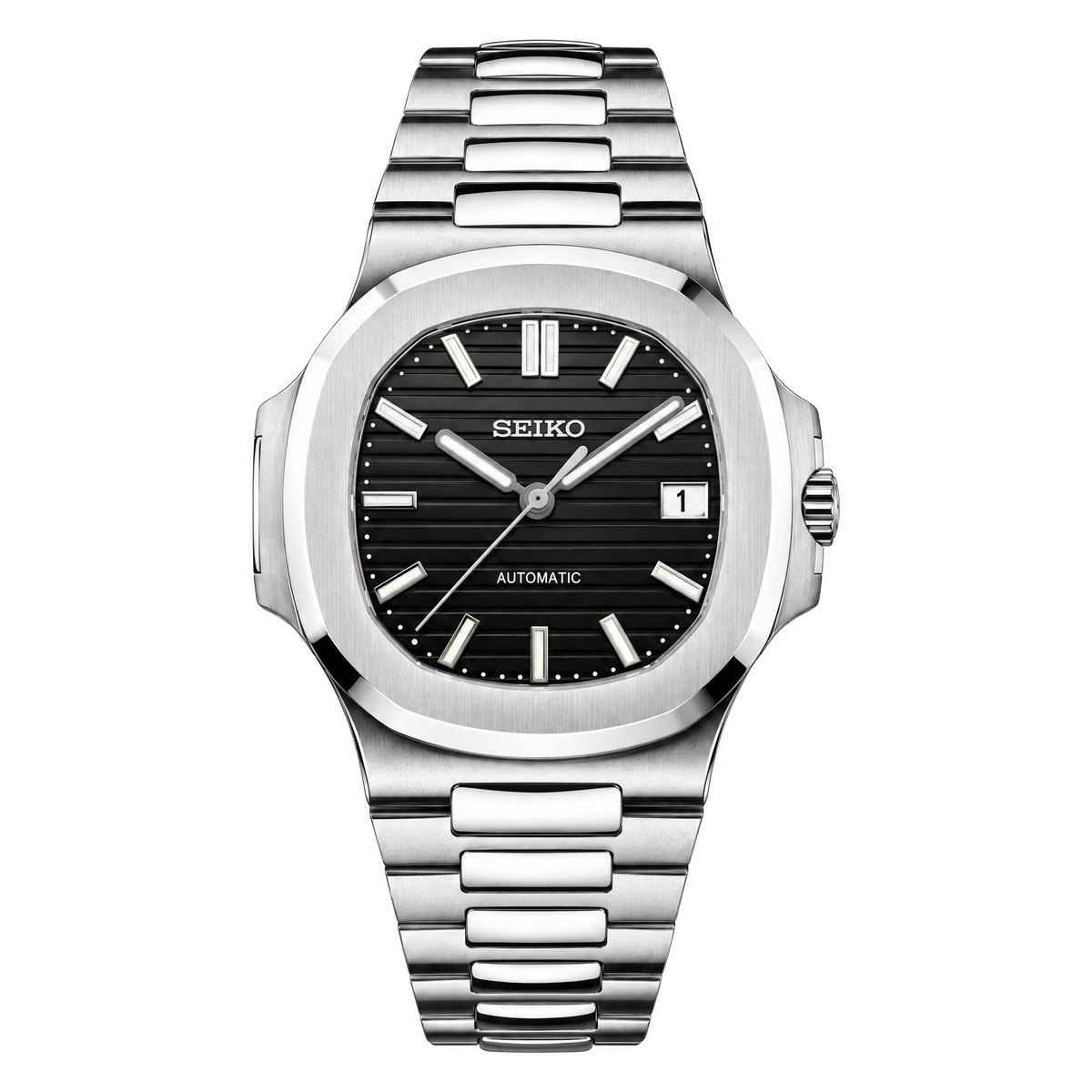 Nautilus (Silver Black) Seiko NH35 automatic mod watch. A black dial watch with a silver bezel and a silver metal bracelet shown in a full product shot.