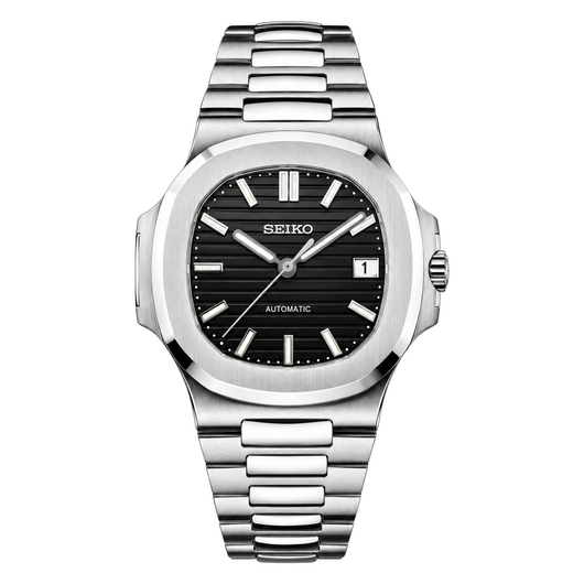 Nautilus (Silver Black) Seiko NH35 automatic mod watch. A black dial watch with a silver bezel and a silver metal bracelet shown in a full product shot.