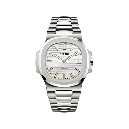 Nautilus (Silver White) Seiko NH35 automatic mod watch. A white dial watch with a silver bezel and metal link bracelet shown in a full product shot.