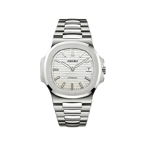 Nautilus (Silver White) Seiko NH35 automatic mod watch. A white dial watch with a silver bezel and metal link bracelet shown in a full product shot.