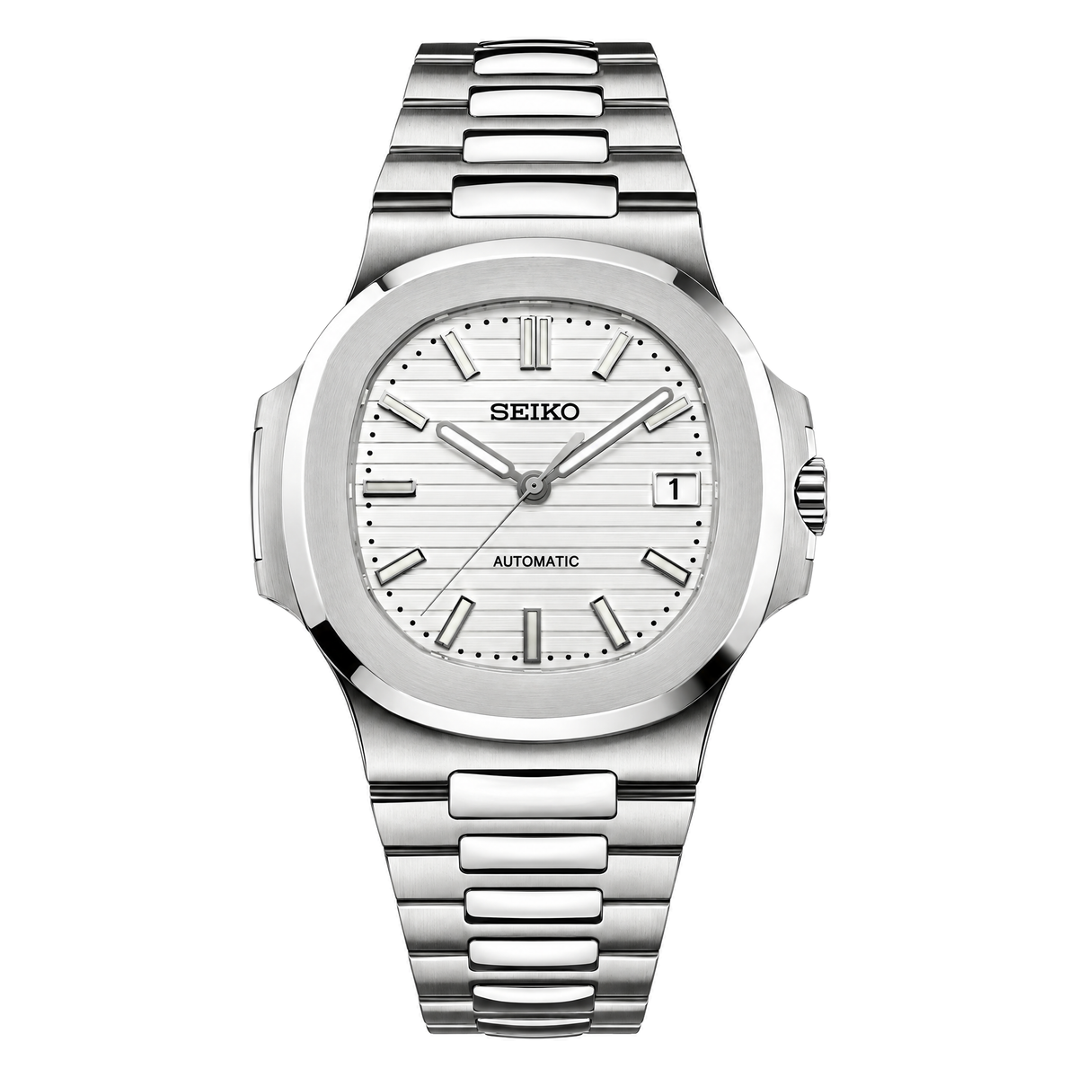 Nautilus (Silver White) Seiko NH35 automatic mod watch. A white dial watch with a silver bezel and metal link bracelet shown in a full product shot.