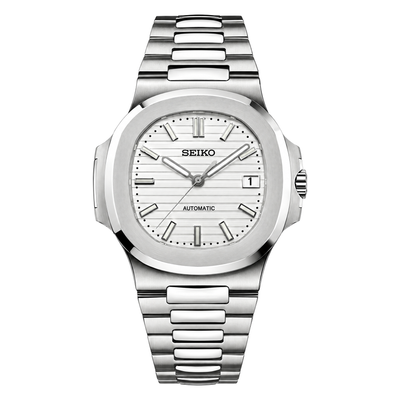 Nautilus (Silver White) Seiko NH35 automatic mod watch. A white dial watch with a silver bezel and metal link bracelet shown in a full product shot.