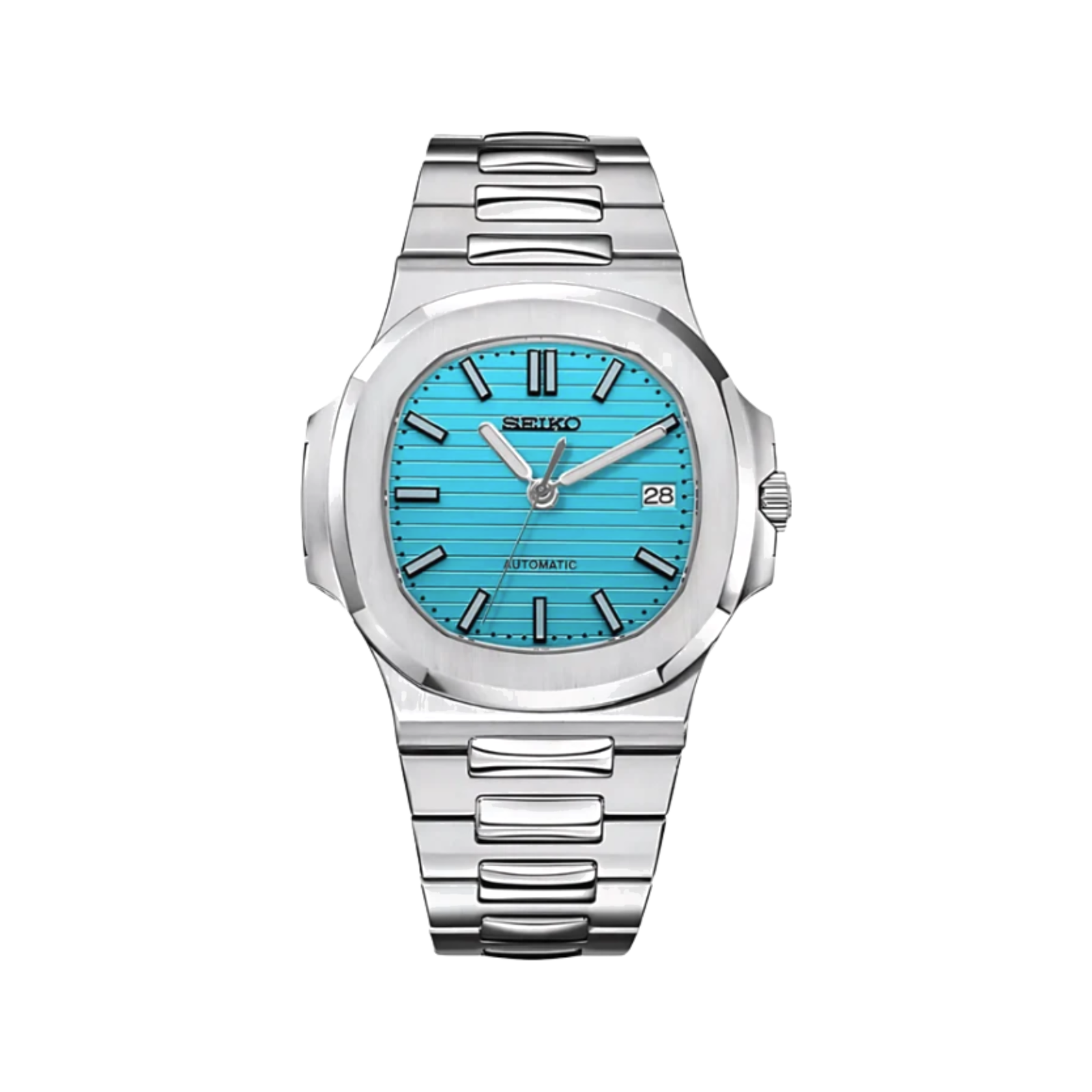 Nautilus (Tiffany Blue) Seiko NH35 automatic mod watch. A turquoise dial watch with a silver bezel and metal link bracelet shown in a full product shot.