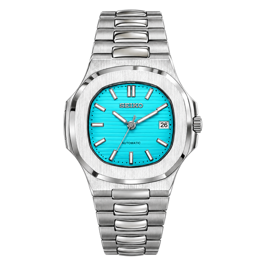 Nautilus (Tiffany Blue) Seiko NH35 automatic mod watch. A turquoise dial watch with a silver bezel and metal link bracelet shown in a full product shot.