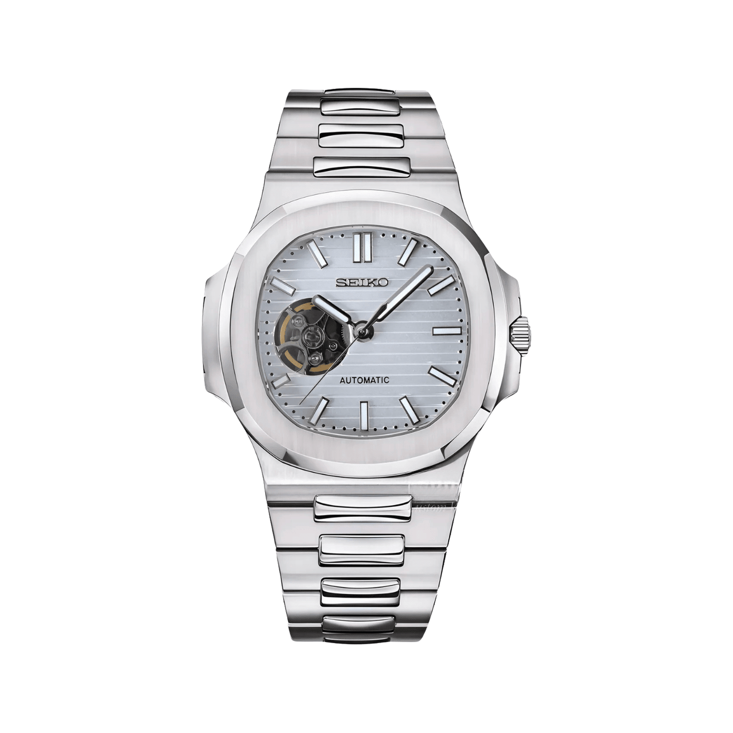 Nautilus (White Open Heart) Seiko NH38 open-heart automatic mod watch. A ice blue dial watch with a octagonal bezel and a steel bracelet, shown in a full product shot.