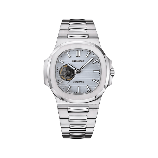 Nautilus (White Open Heart) Seiko NH38 open-heart automatic mod watch. A ice blue dial watch with a octagonal bezel and a steel bracelet, shown in a full product shot.