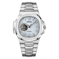 Nautilus (White Open Heart) Seiko NH38 open-heart automatic mod watch. A ice blue dial watch with a octagonal bezel and a steel bracelet, shown in a full product shot.