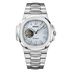 Nautilus (White Open Heart) Seiko NH38 open-heart automatic mod watch. A ice blue dial watch with a octagonal bezel and a steel bracelet, shown in a full product shot.