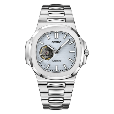 Nautilus (White Open Heart) Seiko NH38 open-heart automatic mod watch. A ice blue dial watch with a octagonal bezel and a steel bracelet, shown in a full product shot.