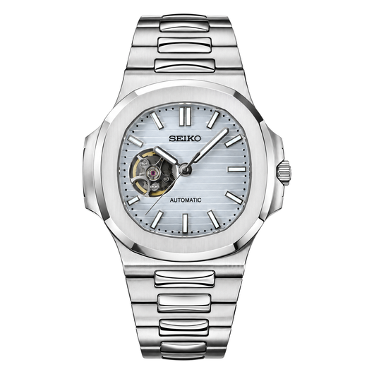 Nautilus (White Open Heart) Seiko NH38 open-heart automatic mod watch. A ice blue dial watch with a octagonal bezel and a steel bracelet, shown in a full product shot.