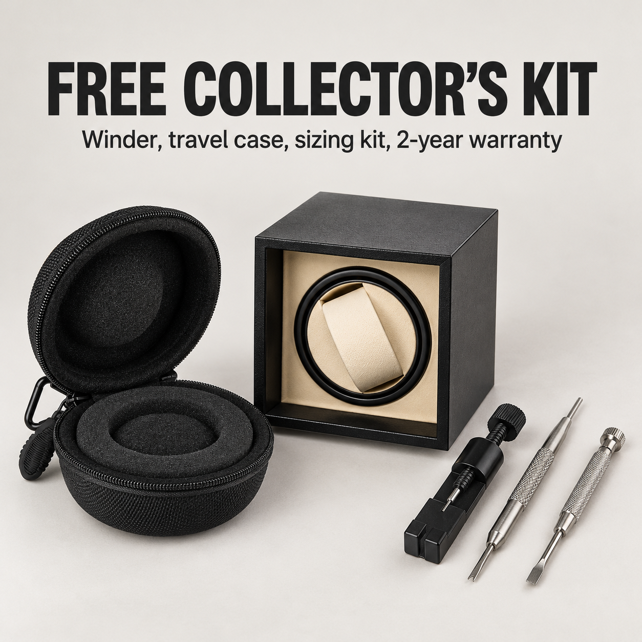 Free Collector's Kit: watch winder, travel case, sizing tools, 2-year warranty