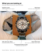 Daytona (Panda) with every part named: sapphire crystal, black bezel, 316L steel case 40mm, Seiko VK63 inside, photographed before it ships.