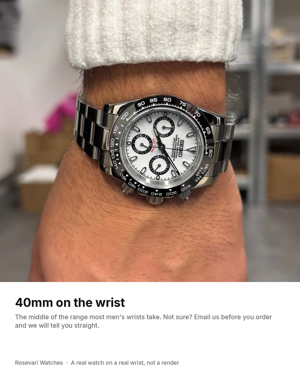 Daytona (Panda) 40mm case on the wrist.