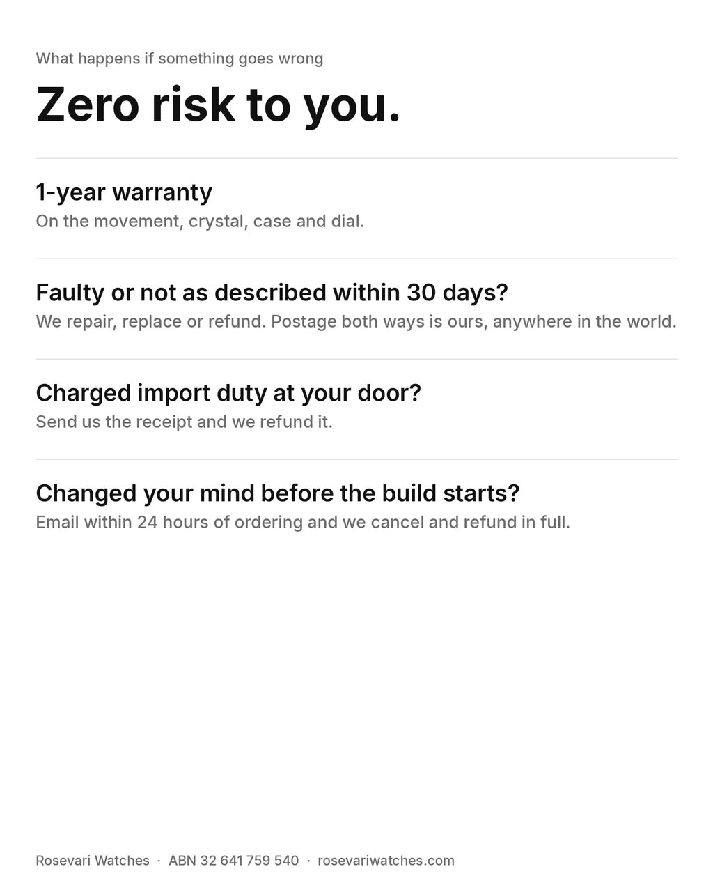 Zero risk to you: 1-year warranty, repair replace or refund within 30 days with postage both ways covered, import duty refunded, 24-hour cancellation.