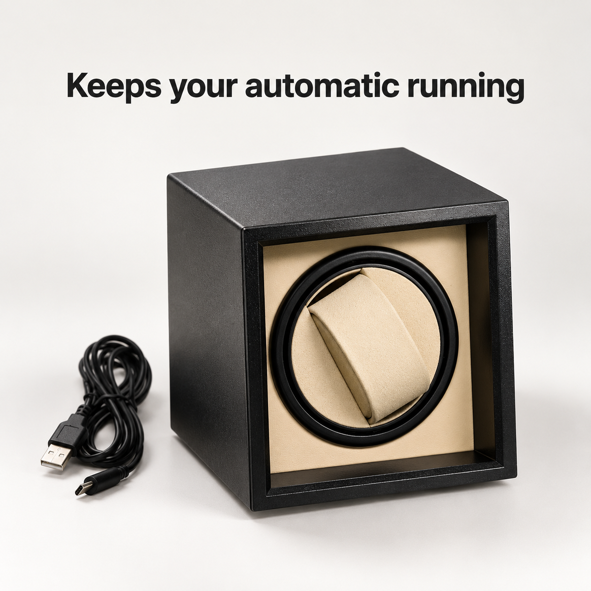 Rosevari automatic watch winder, matte black with beige cushion