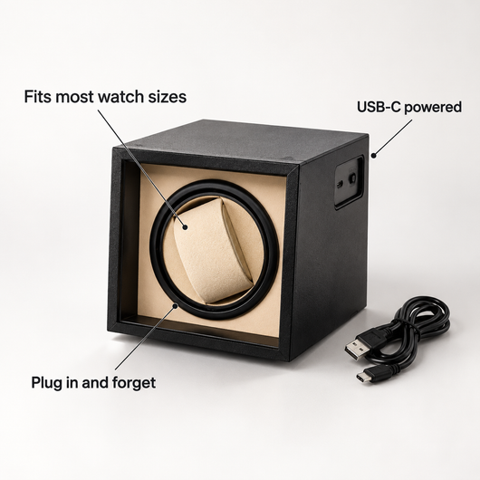 Watch winder features: fits most watch sizes, USB-C powered, plug in and forget