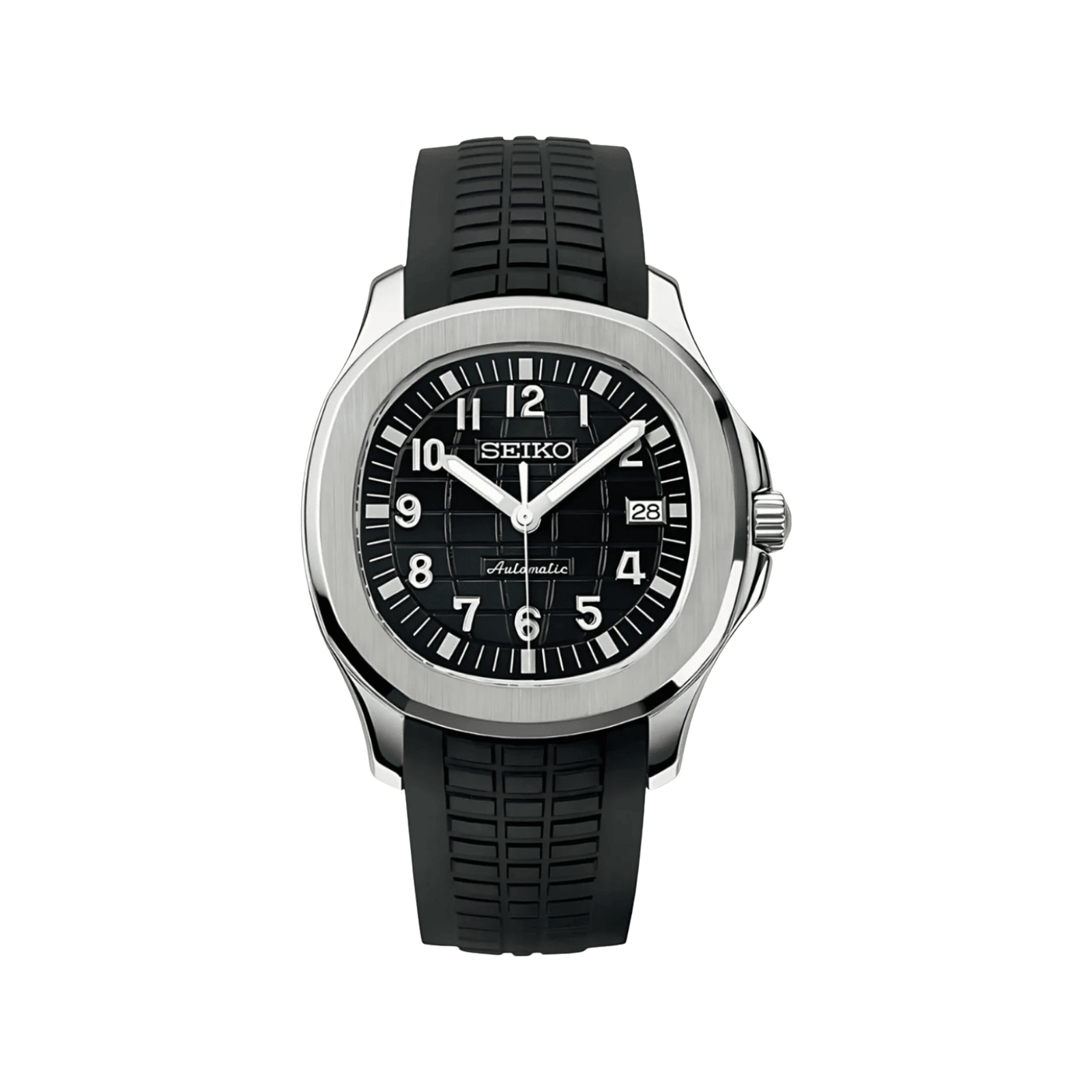 Aquanaut (Black) Seiko NH35 automatic mod watch. A black dial watch with a octagonal bezel and a rubber strap, shown in a full product shot.