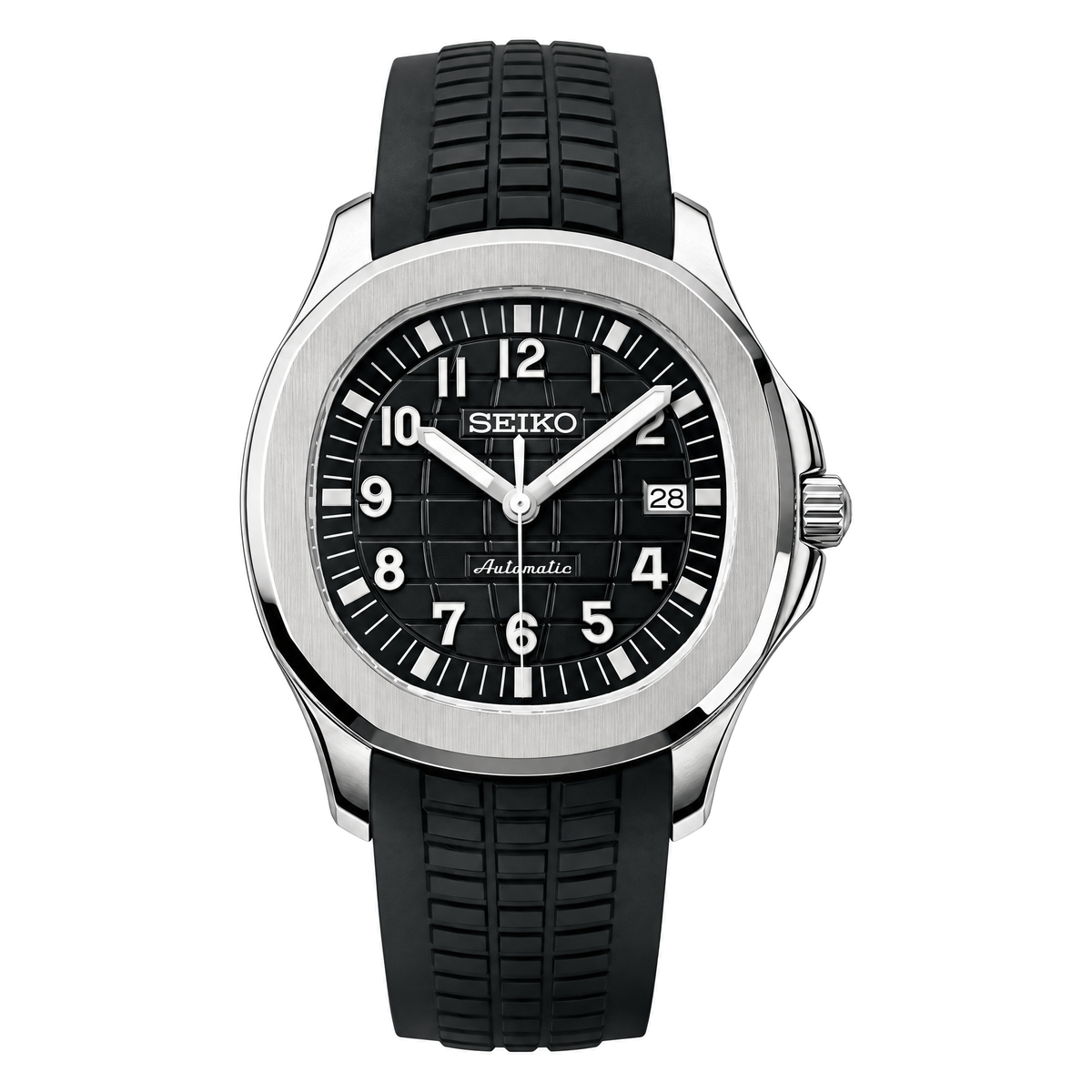 Aquanaut (Black) Seiko NH35 automatic mod watch. A black dial watch with a octagonal bezel and a rubber strap, shown in a full product shot.