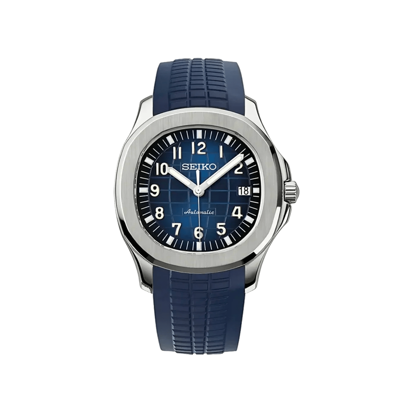 Aquanaut (Blue) Seiko NH35 automatic mod watch. A blue dial watch with a octagonal bezel and a rubber strap, shown in a full product shot.