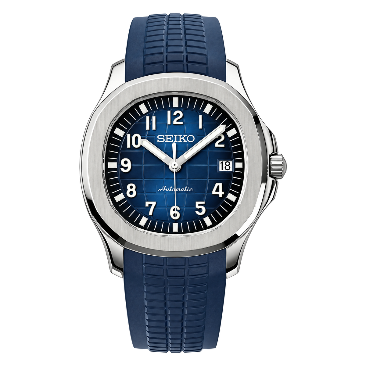 Aquanaut (Blue) Seiko NH35 automatic mod watch. A blue dial watch with a octagonal bezel and a rubber strap, shown in a full product shot.