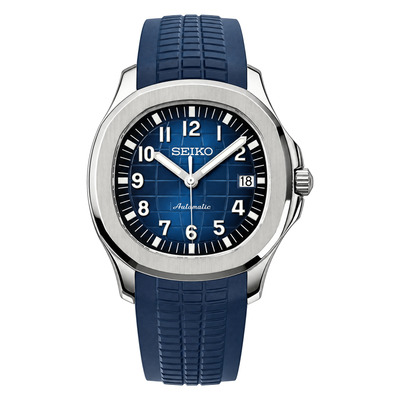 Aquanaut (Blue) Seiko NH35 automatic mod watch. A blue dial watch with a octagonal bezel and a rubber strap, shown in a full product shot.