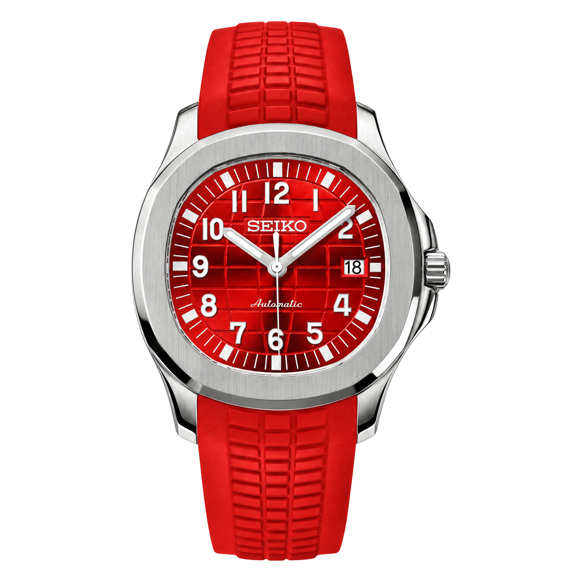 Aquanaut (Red) Seiko NH35 automatic mod watch. A red dial watch with a smooth bezel and a rubber strap, shown in a full product shot.