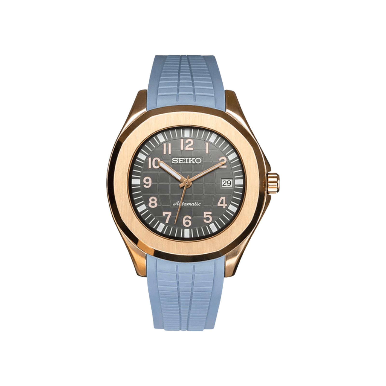 Aquanaut (Rose Gold Baby Blue) Seiko NH35 automatic mod watch. A grey dial watch with a octagonal bezel and a rubber strap, shown in a full product shot.