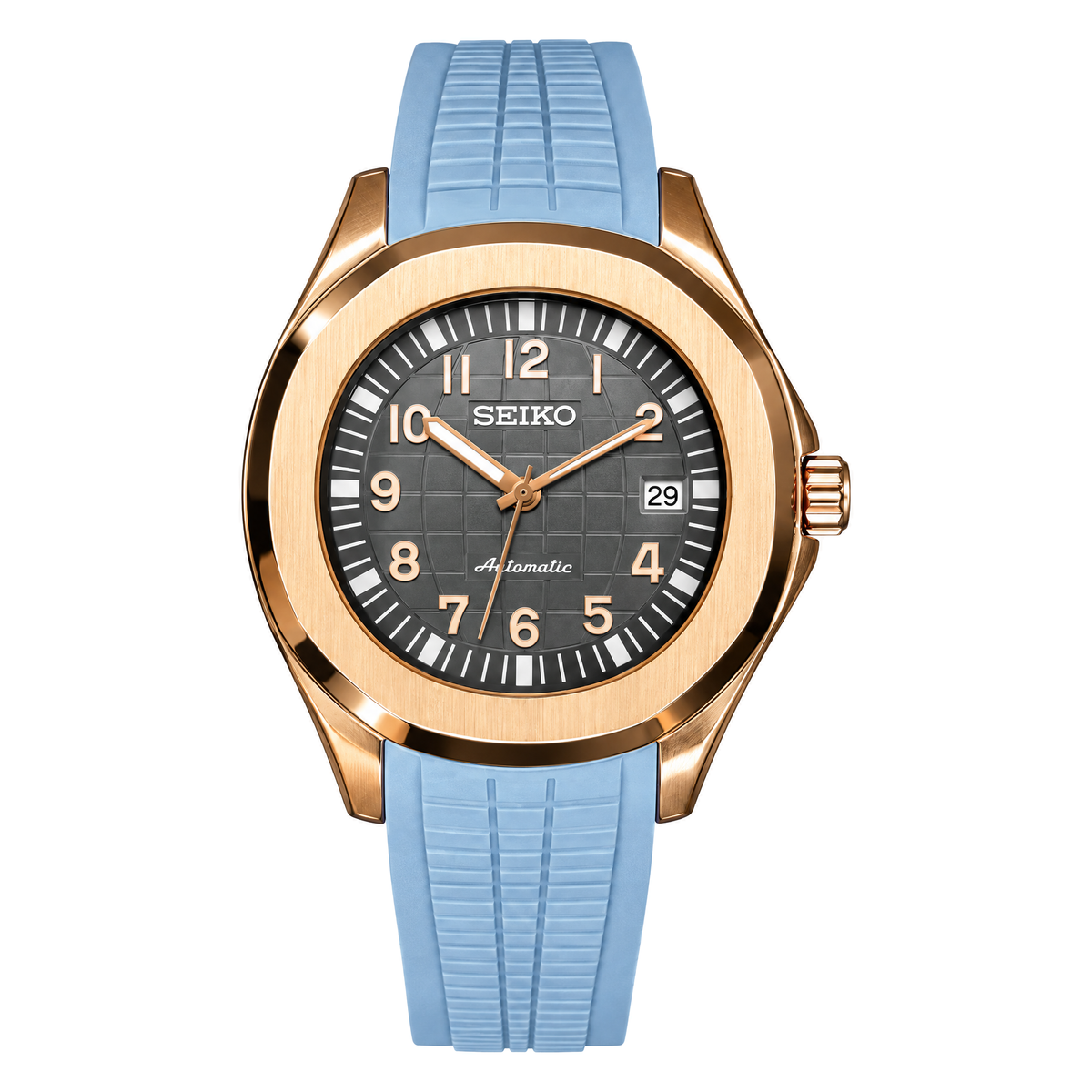 Aquanaut (Rose Gold Baby Blue) Seiko NH35 automatic mod watch. A grey dial watch with a octagonal bezel and a rubber strap, shown in a full product shot.