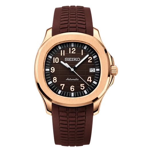 Aquanaut (Rose Cocoa) Seiko NH35 automatic mod watch. A chocolate dial watch with a smooth bezel and a rubber strap, shown in a full product shot.