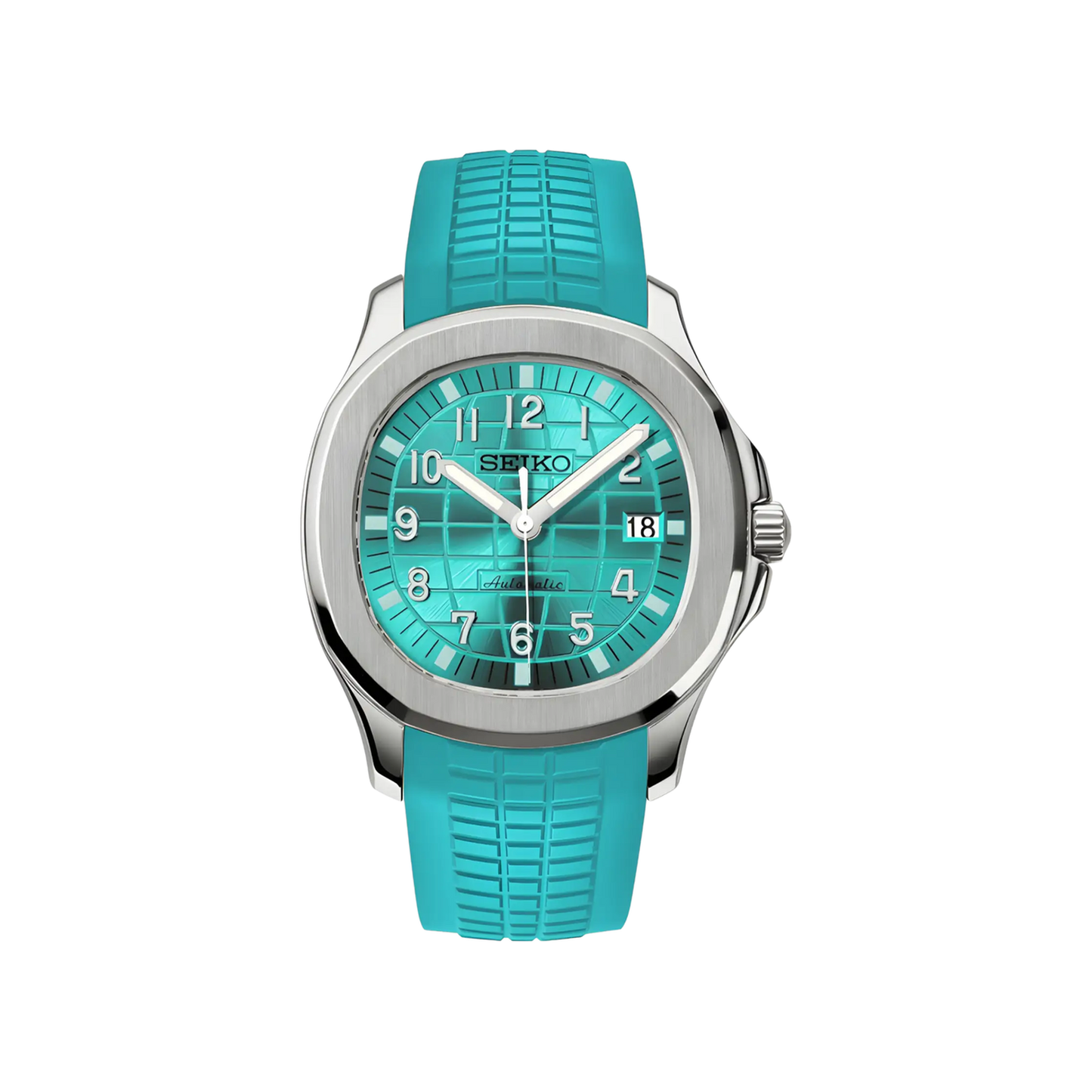 Aquanaut (Tiffany) Seiko NH35 automatic mod watch. A turquoise dial watch with a octagonal bezel and a rubber strap, shown in a full product shot.