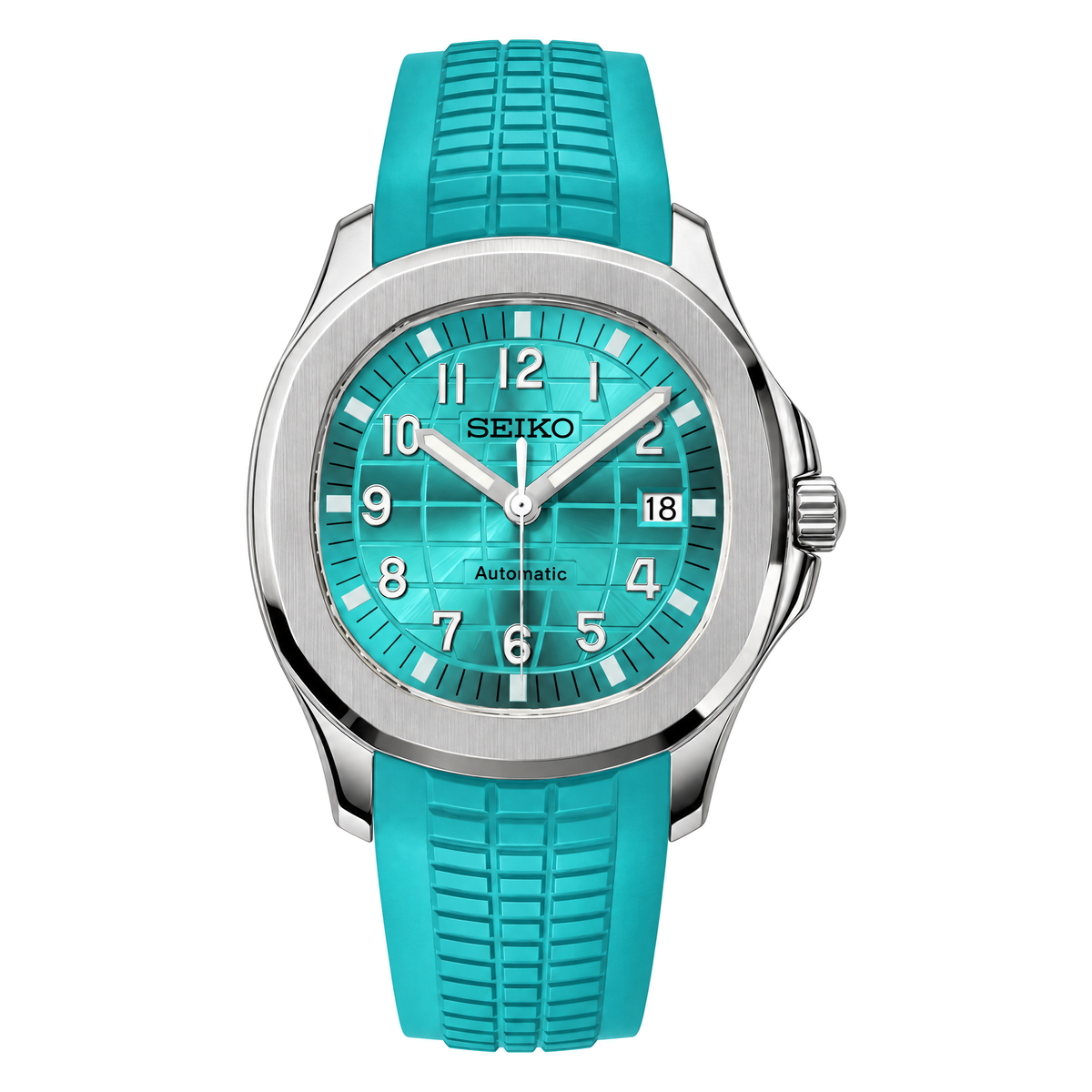 Aquanaut (Tiffany) Seiko NH35 automatic mod watch. A turquoise dial watch with a octagonal bezel and a rubber strap, shown in a full product shot.