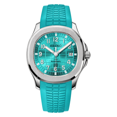Aquanaut (Tiffany) Seiko NH35 automatic mod watch. A turquoise dial watch with a octagonal bezel and a rubber strap, shown in a full product shot.