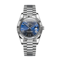 Day-Date (Blue Roman) Japanese automatic mod watch. A blue dial watch with a silver fluted bezel and a silver metal bracelet shown in a full product shot.