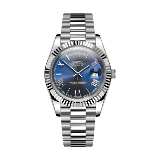 Day-Date (Blue Roman) Japanese automatic mod watch. A blue dial watch with a silver fluted bezel and a silver metal bracelet shown in a full product shot.