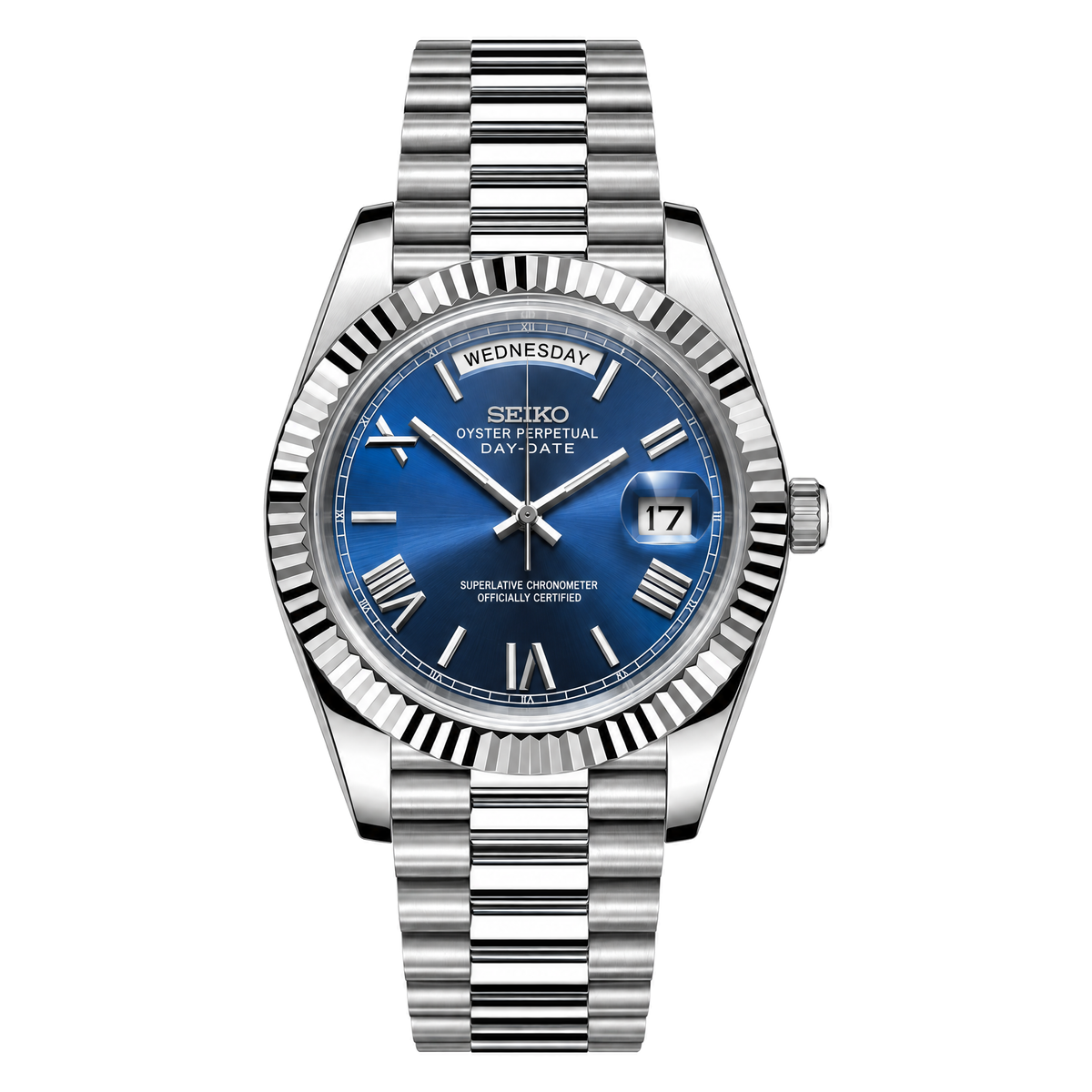 Day-Date (Blue Roman) Japanese automatic mod watch. A blue dial watch with a silver fluted bezel and a silver metal bracelet shown in a full product shot.