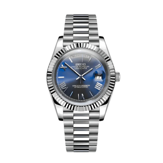 SeikDate (Blue Roman) Japanese automatic mod watch. A full watch shot showing a blue dial with a fluted silver bezel and a silver metal link bracelet.