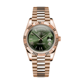 Day-Date (Rose Gold, Green) Japanese automatic mod watch. A green dial watch with a rose gold case and a metal link bracelet shown in a full product shot.