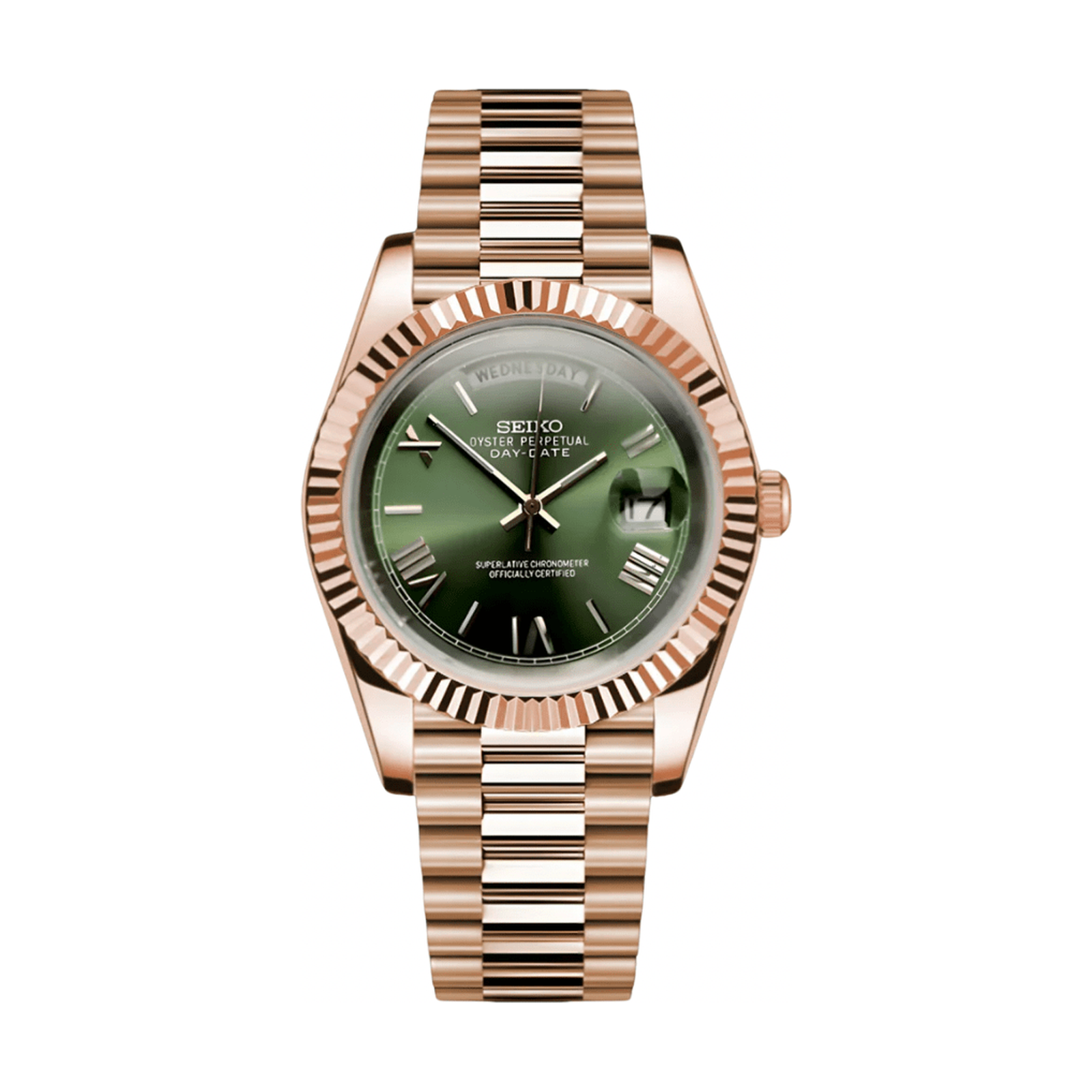 Day-Date (Rose Gold, Green) Japanese automatic mod watch. A green dial watch with a rose gold case and a metal link bracelet shown in a full product shot.