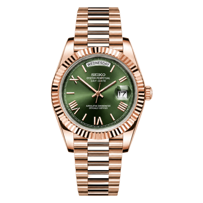 Day-Date (Rose Gold, Green) Japanese automatic mod watch. A green dial watch with a rose gold case and a metal link bracelet shown in a full product shot.