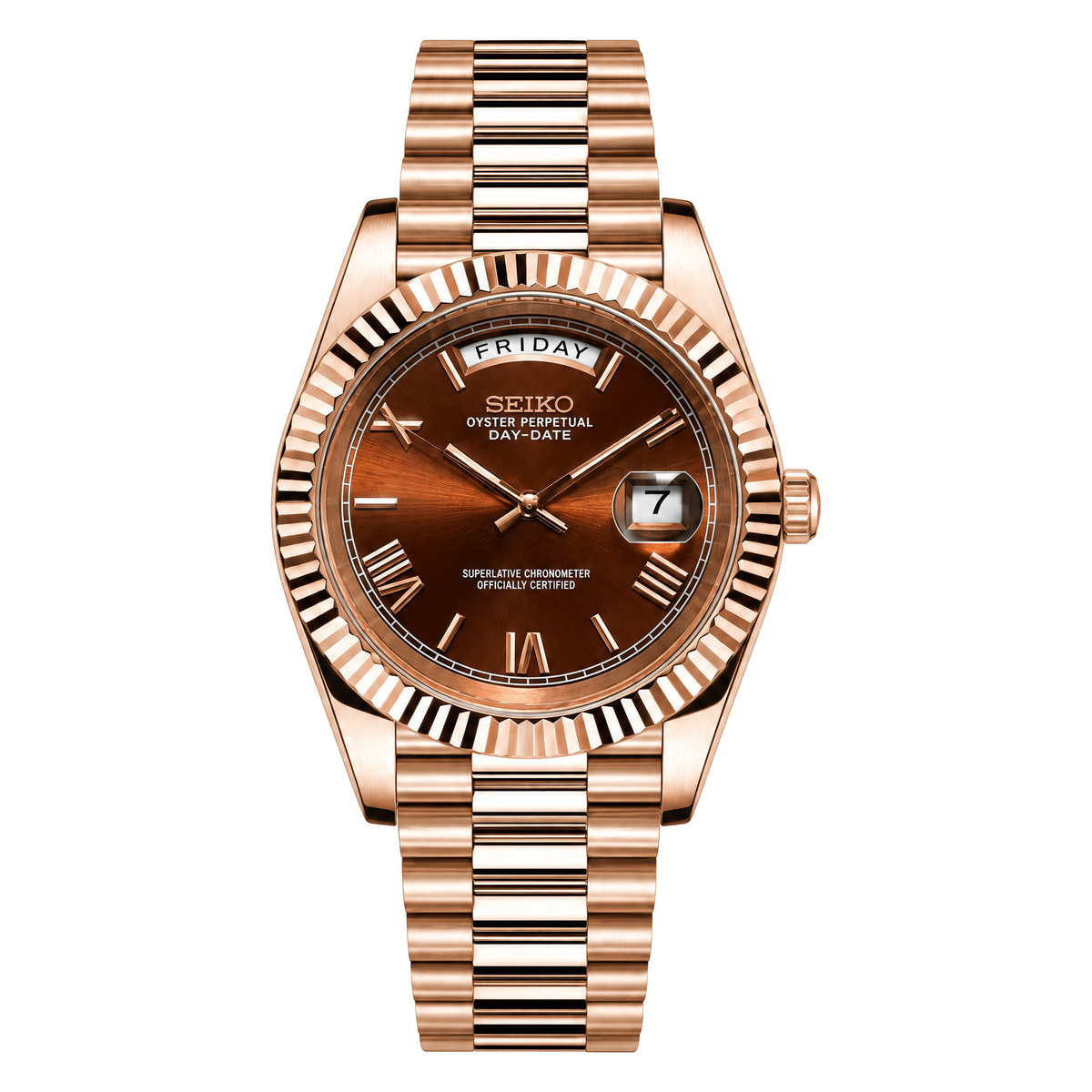 Day-Date (Rose Gold Roman Chocolate) Japanese automatic mod watch. A chocolate dial watch with a fluted bezel and a president bracelet, shown in a full product shot.