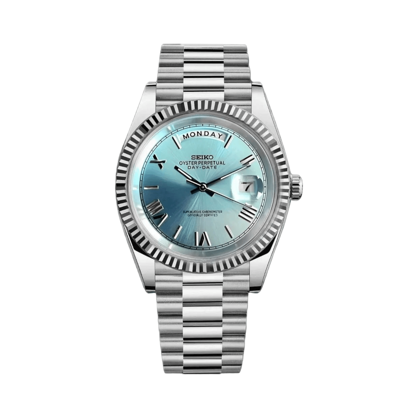 Day-Date (Roman Tiffany) Japanese automatic mod watch. A ice blue dial watch with a fluted bezel and a president bracelet, shown in a full product shot.